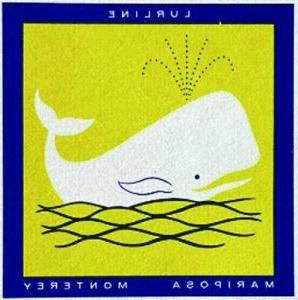 一只白鲸在水面上喷水的插图, 在黄色背景上, 上面有三艘美森客船的名字, Lurline, 蝴蝶百合, 和蒙特利, 在蓝色边框处.